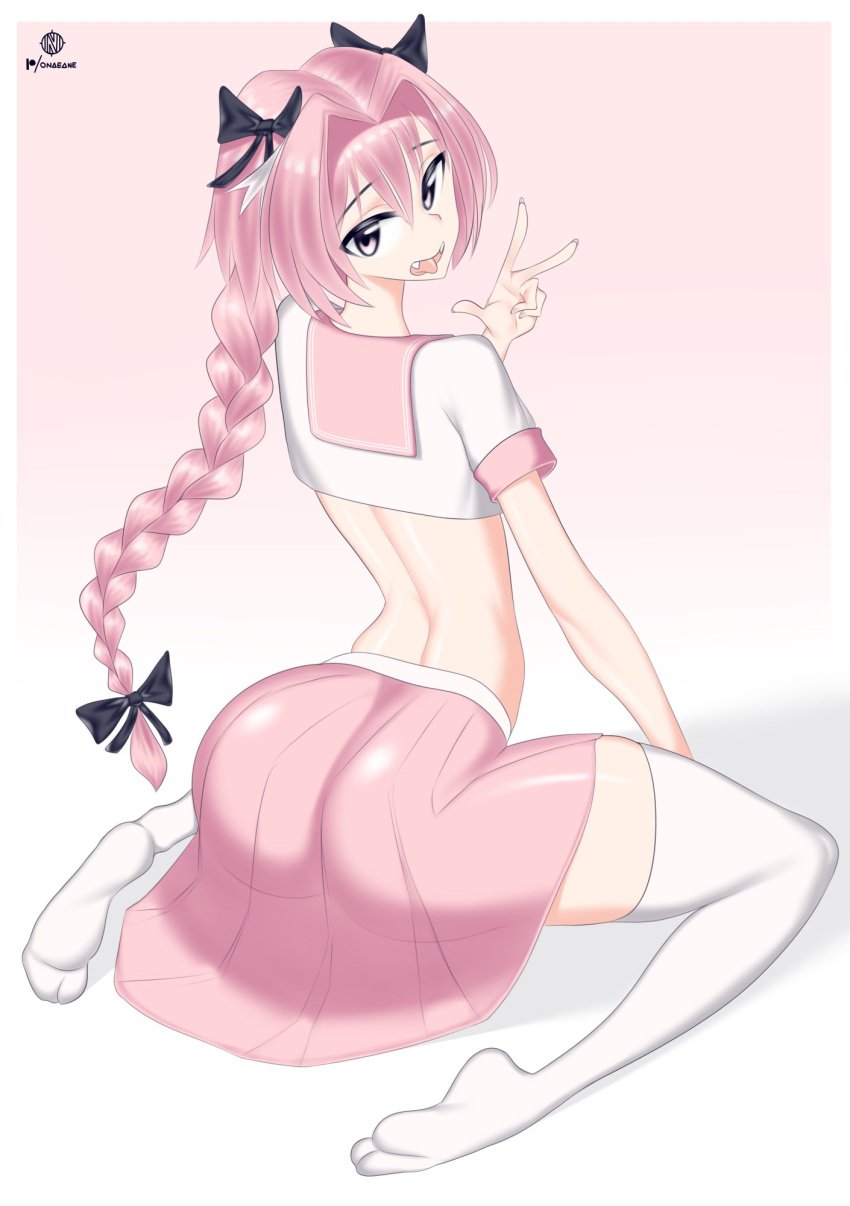 1boy 1femboy ass ass_in_dress astolfo_(fate) big_ass big_butt butt fate/apocrypha fate/grand_order fate_(series) feet femboy legwear light-skinned_male light_skin long_hair looking_at_viewer onaeane peace_sign pink_hair skinny stockings thick_thighs trap v