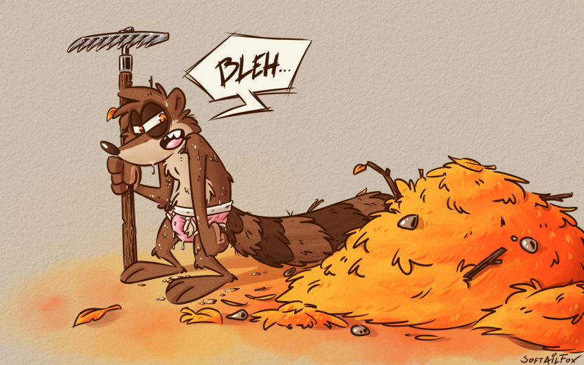 annoyed anthro bodily_fluids brown_body brown_fur bulge cartoon_network clothing comic comic_panel detailed_bulge fur gay hi_res long_tail male mammal orange_eyes orange_leaves pink_clothing pink_underwear procyonid pubes raccoon regular_show rigby_(regular_show) simple_background softailfox sweat sweating_profusely tan_body tan_fur underwear working