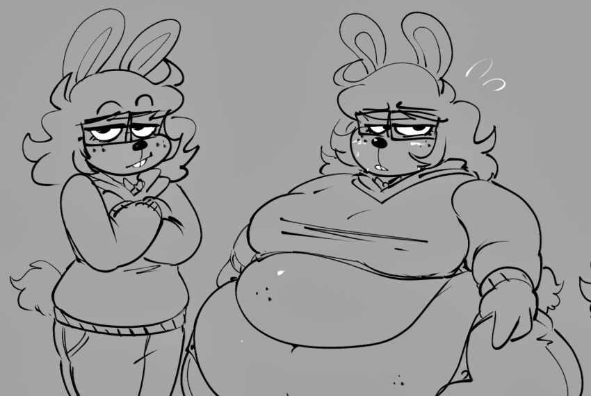 arms_crossed aubrey_(skiptty) bbw belly belly_overhang belly_rolls big_belly big_breasts bowtie buckteeth fat female female_only freckles freckles_on_stomach furry glasses huge_belly overweight overweight_anthro overweight_female rabbit rabbit_ears rabbit_girl rabbit_humanoid rabbit_tail skiptty solo sweat tight_clothing