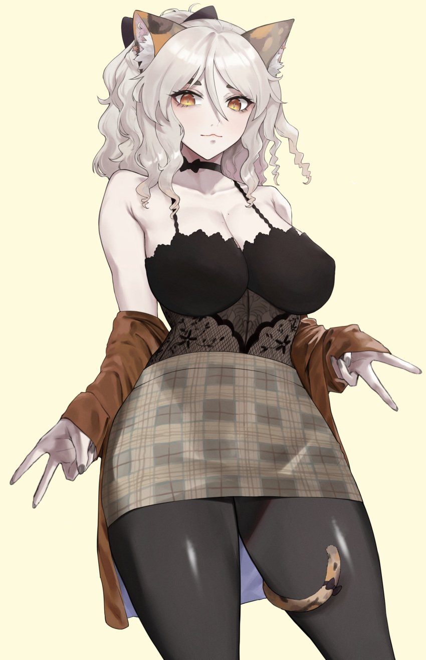 1girls animal_ears big_breasts breasts busty character_request choker collar curves curvy female furry_ears hips kataku_musou large_breasts monster_girl orange_eyes pale-skinned_female pale_hair pale_skin peace_sign tagme tail thick thick_thighs white_hair