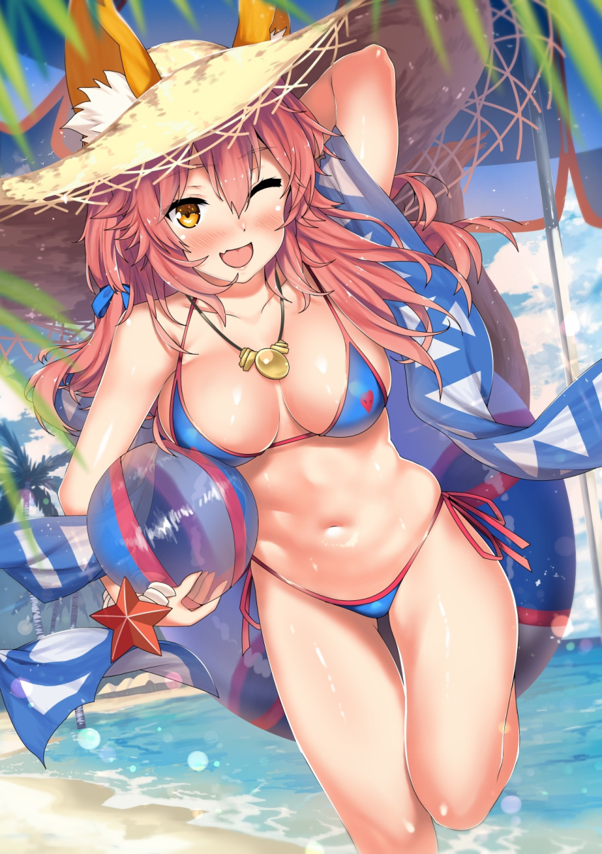 ;d animal_ear_fluff animal_ears ball bangs beach beachball bikini blue_bikini blue_sky blush breasts brown_eyes cloud cloudy_sky day ears_through_headwear fate/grand_order fate_(series) female fox_ears hair_between_eyes hat highres holding holding_ball innertube kawai_(purplrpouni) long_hair medium_breasts navel ocean oerba_yun_fang one_eye_closed open_mouth outdoors pink_hair sky smile solo straw_hat swimsuit tamamo_no_mae_(fate) tamamo_no_mae_(swimsuit_lancer) thighs wavy_hair