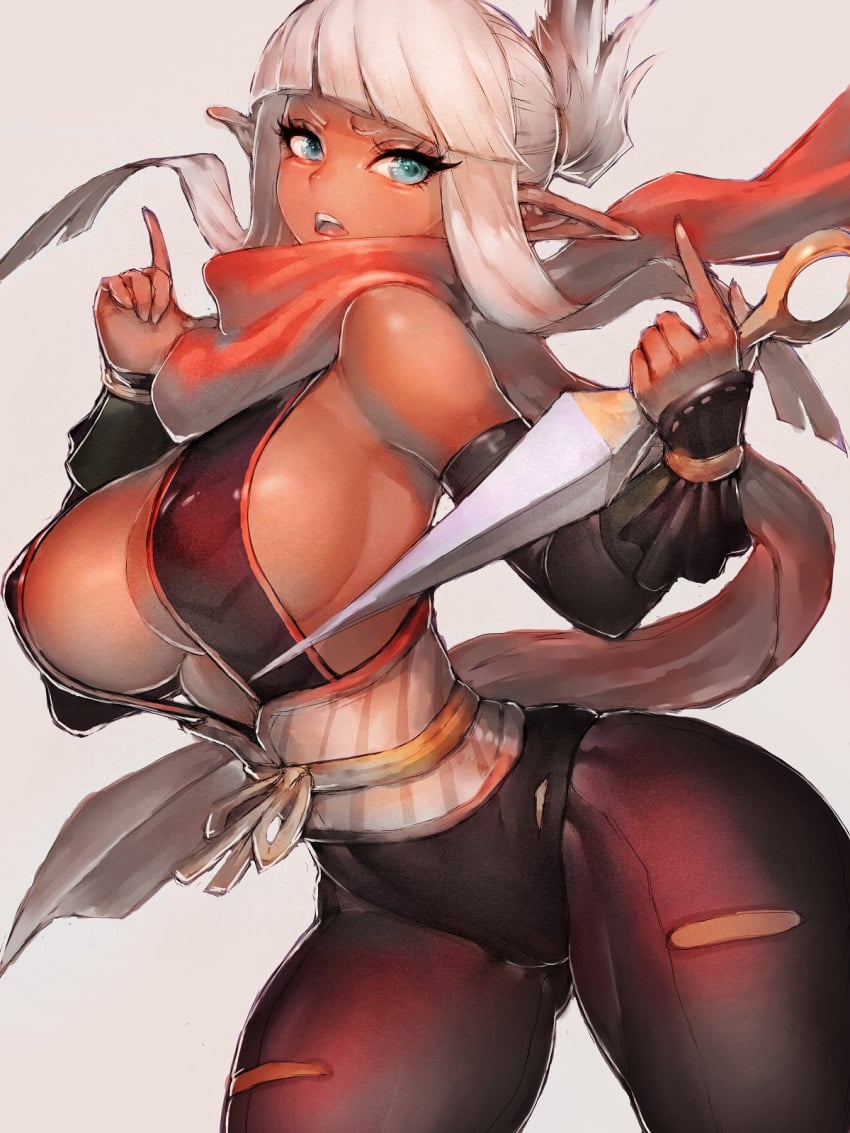 arched_back areolae bangs belly_button blue_eyes blunt_bangs breasts cleavage dark-skinned_female dark_elf dark_skin detached_sleeves dnf_duel elf elf_ears elf_female eyelashes female fumio_(rsqkr) inner_sideboob kunai kunoichi kunoichi_(dungeon_and_fighter) large_breasts looking_at_viewer navel_line nipple_bulge nipples pantyhose pointy_ears puffy_nipples scarf sideboob thick_thighs thighs white_hair