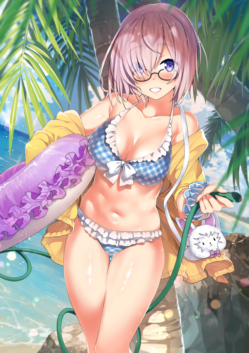 adapted_costume bare_shoulders beach bikini black-framed_eyewear blue_bikini blue_eyes blush breasts cleavage collarbone day fate/grand_order fate_(series) female gluteal_fold hair_over_one_eye halterneck highres hood hooded_track_jacket hose jacket kawai_(purplrpouni) large_breasts lifebuoy lips looking_at_viewer mash_kyrielight mash_kyrielight_(senpai_killer_outfit) navel official_alternate_costume outdoors palm_leaf palm_tree parted_lips plaid plaid_bikini purple_hair rock scrunchie shiny shiny_skin short_hair smile solo standing stomach swimsuit thigh_gap thighs track_jacket tree water wrist_scrunchie