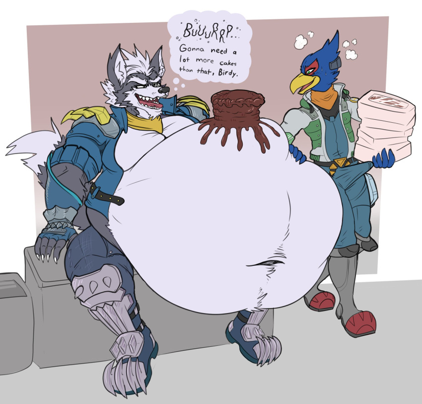 2022 2boys anthro belly belly_button big_belly bird burping cake chocolate chocolate_cake commission eggo21 english_text falco_lombardi furry male male_only navel open_mouth pizza pizza_box star_fox tummy wolf wolf_o'donnell