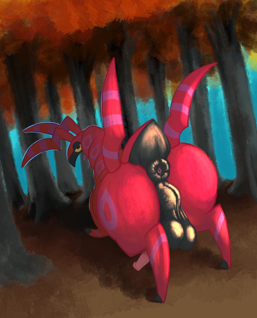 2022 absurd_res animal_genitalia animal_penis anus arthropod ass autumn backsack balls big_butt colored digital_media_(artwork) digital_painting_(artwork) ediblecrustables equine_penis feral full-length_portrait generation_5_pokemon genitals hi_res looking_back male_only myriapod nintendo outside penis perineum plant pokemon pokemon_(species) portrait puffy_anus red_body scolipede shaded smaller_version_at_source tree video_games yellow_eyes