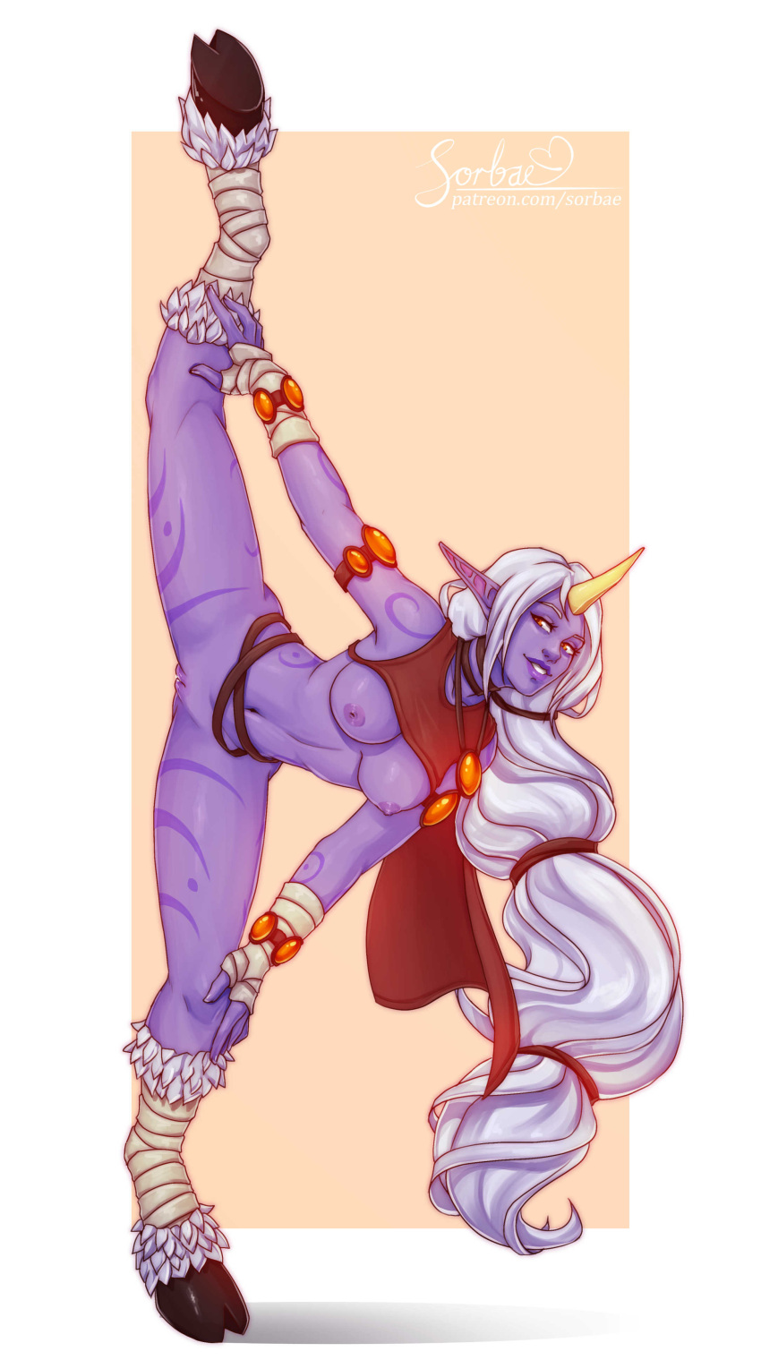 girl hooves league_of_legends orange_eyes pointy_ears purple_skin snaexist soraka sorbae white_hair