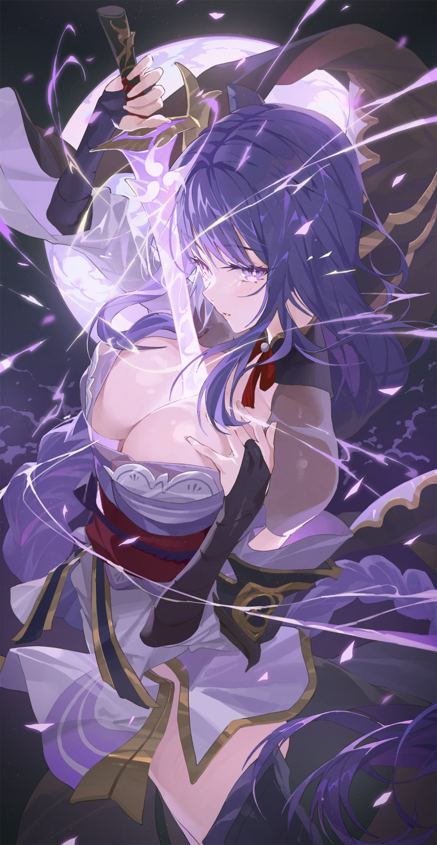 1girls big_breasts breasts busty cleavage curves curvy energy_sword female female_only genshin_impact goddess hair_ornament hand_on_breast holding_weapon huge_breasts hxxg japanese_clothes kimono large_breasts milf moon pose posed posing purple_eyes purple_hair raiden_shogun revealing_clothes sword thighs traditional_clothes violet_eyes violet_hair weapon