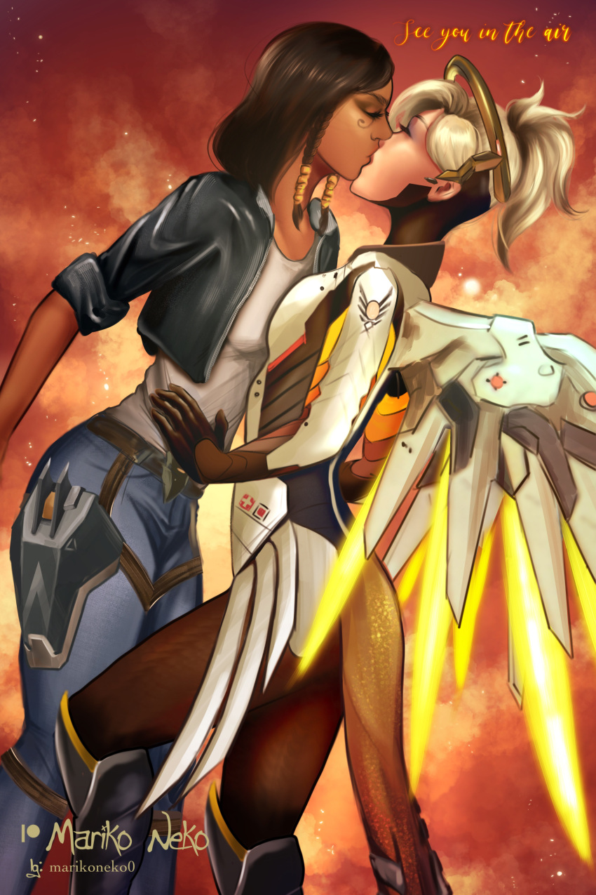 2girls angela_ziegler blizzard_entertainment blonde_hair brown_eyes brown_hair duo in_the_air light-skinned_female light_skin marikoneko marikoneko0 mercy overwatch pharah tan-skinned_female tan_skin yuri
kissing