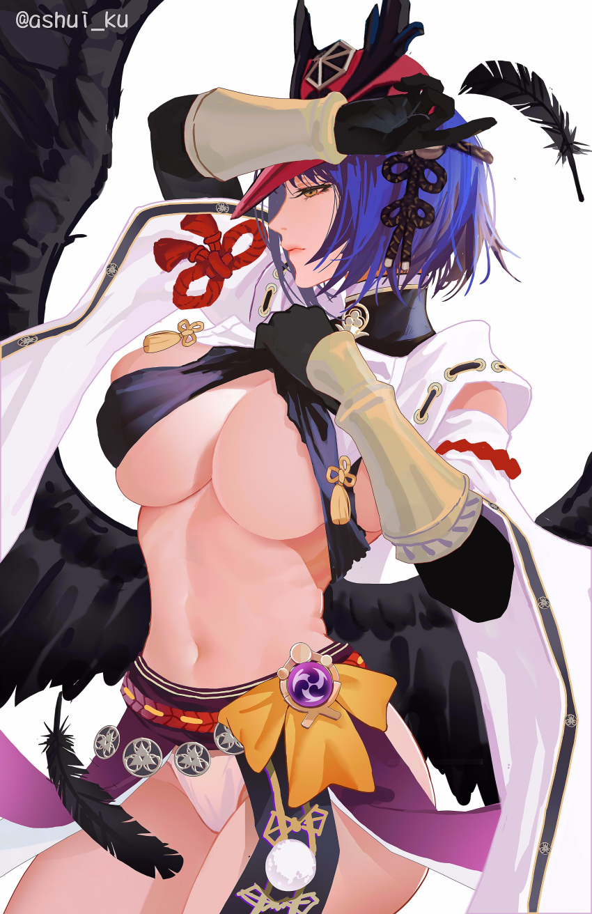 1girls arm_up ashui_ku belly belly_button big_breasts black_gloves black_hair black_wings breasts busty curves curvy dark_hair elbow_gloves feathers female female_only genshin_impact gloves hand_on_head huge_breasts kujou_sara large_breasts long_glove long_gloves mask mask_on_head mask_removed raven_feather tengu tengu_mask thick thick_thighs thighs tummy wings