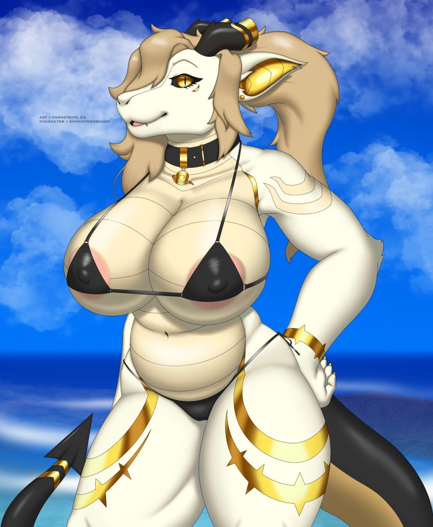 absurd_res anthro areola bikini blonde_hair clothed clothing cloud collar dragon female furry gold_(metal) gold_inner_ear gold_jewelry gold_tattoo gold_tooth hair hand_on_hip hi_res horizon horn jewelry long_hair long_tail looking_at_viewer navel open_mouth outside phrostbite pink_areola ponytail pupils scaled_belly scalie sea seaside signature skimpy sky slightly_chubby slit_pupils solo sophia_(sophiathedragon) sophia_woo spade_tail swimwear thick_thighs three-quarter_view water watermark wavy_hair white_body yellow_eyes yellow_inner_ear