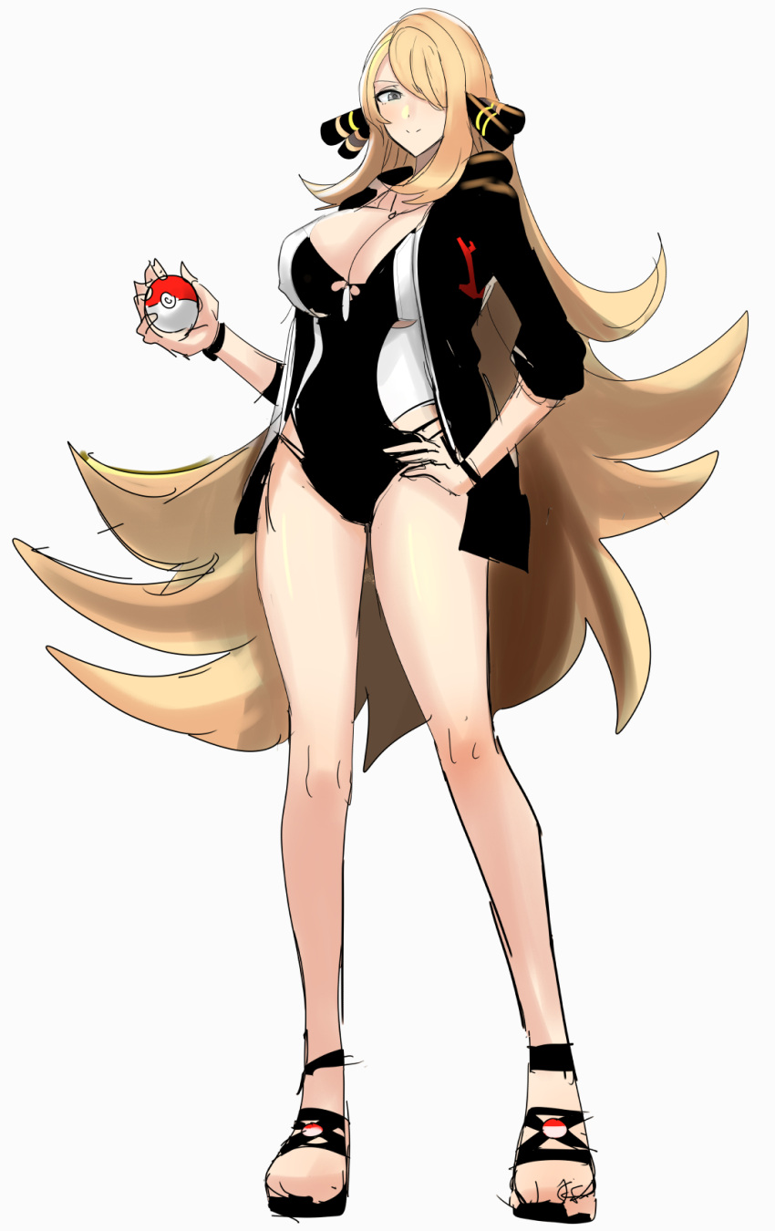 1girls big_breasts blonde_female blonde_hair breasts clash_kuro_neko curves curvy cynthia_(pokemon) female female_only holding_object holding_poke_ball huge_breasts large_breasts legs long_hair milf older_female pokeball pokemon standing swimsuit thick thighs white_background