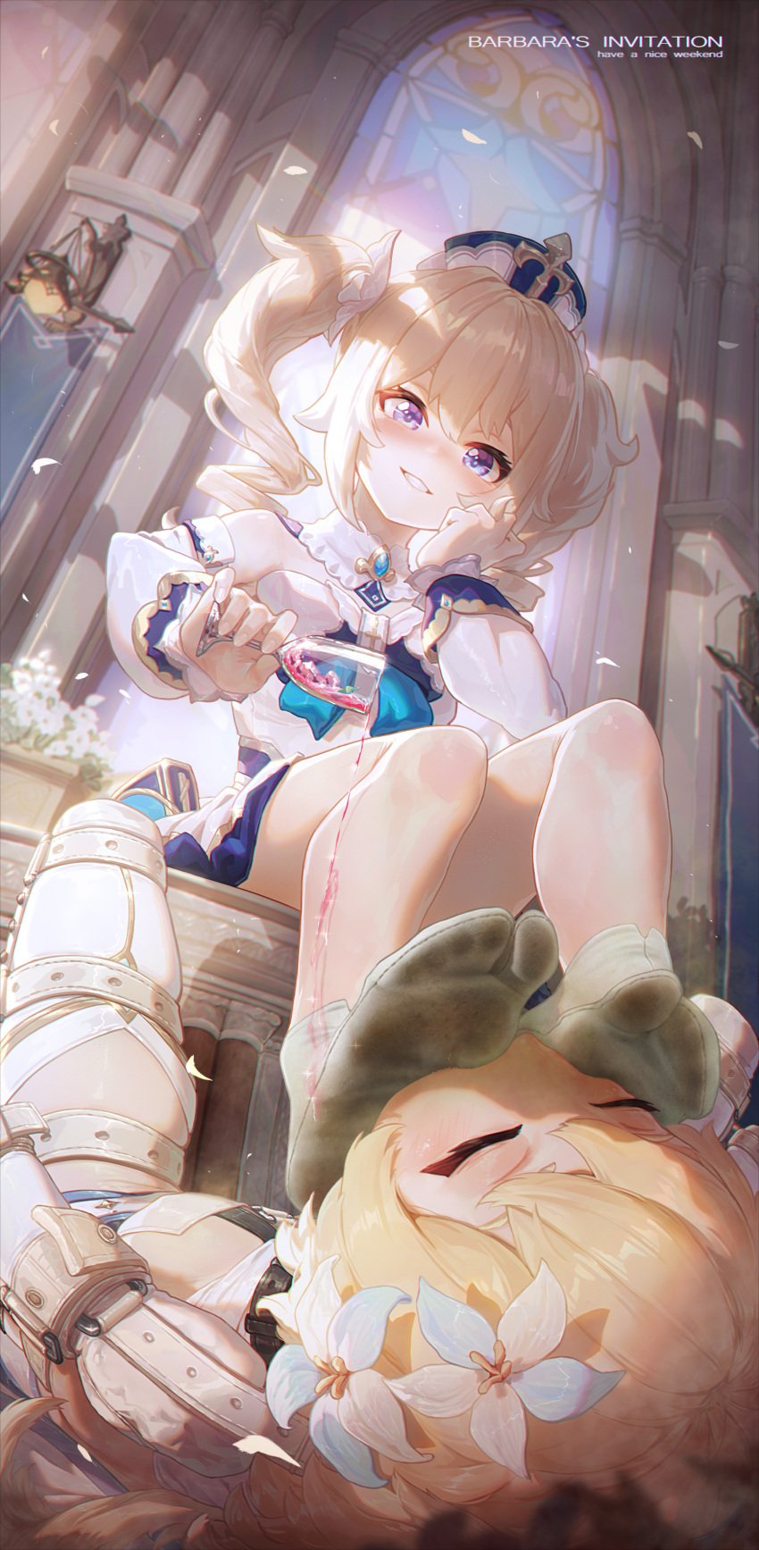 2d_(artwork) 2girls alternate_version_available aroused aroused_smile barbara_(genshin_impact) blonde_hair blush bondage closed_eyes digital_media_(artwork) dirty_feet dirty_socks feet female female_only femdom foot_fetish foot_focus foot_sniffing footwear genshin_impact high_resolution highres icecake looking_down lumine_(genshin_impact) nun pigtails pouring_on_feet pouring_on_self smelly_feet sock_fetish socks sweaty_socks tabi tabi_socks yuri