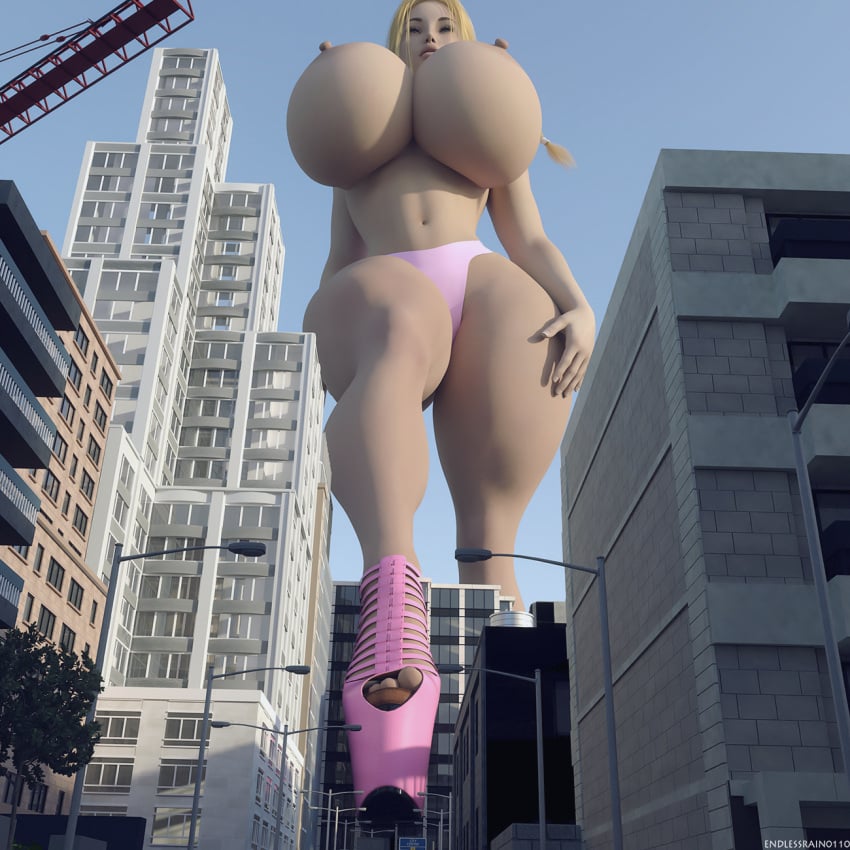 1girls bimbo blonde_hair city endlessrain0110 female giantess gigantic_breasts high_heels huge_breasts low-angle_view nipples platform_heels skyscraper thick_thighs topless