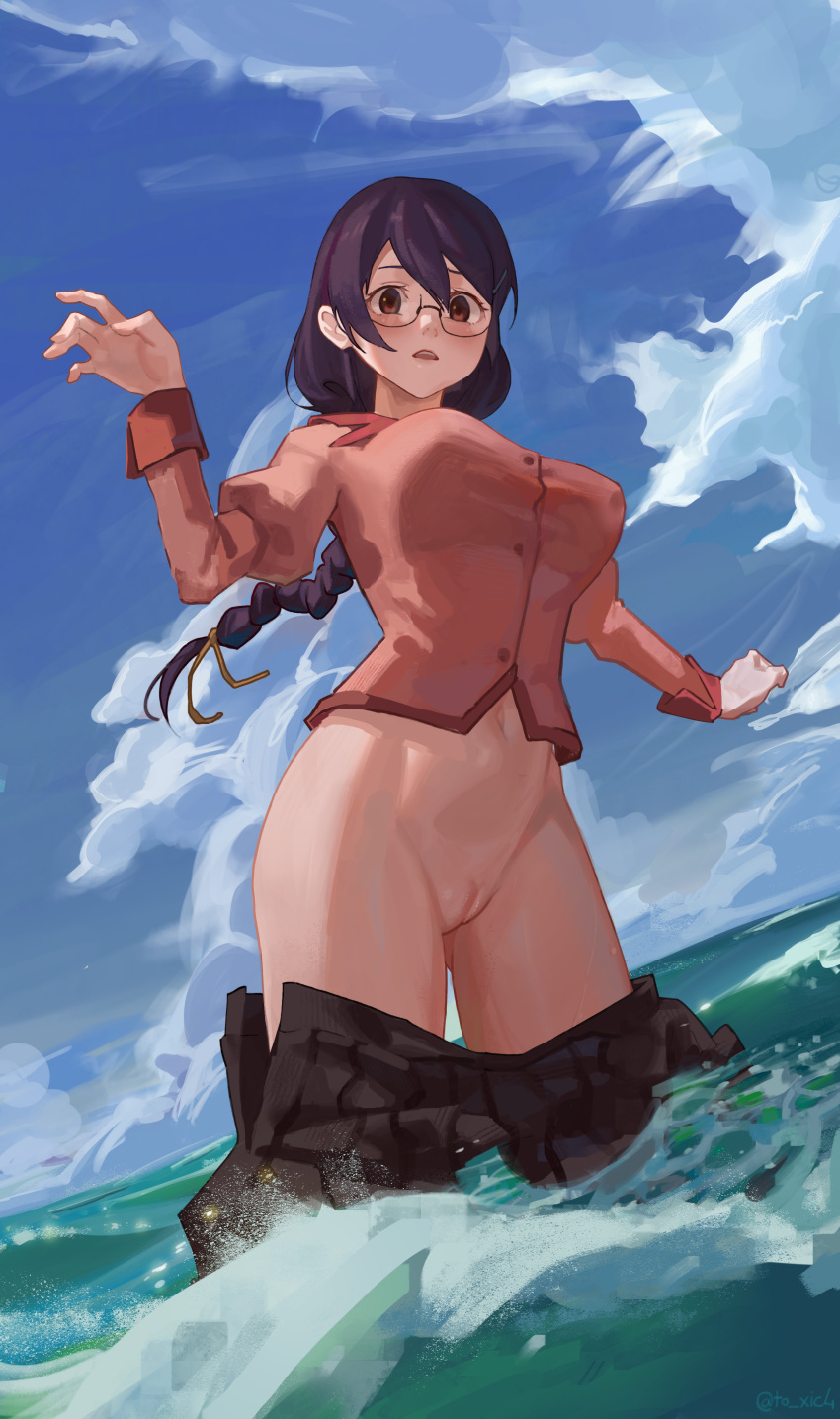 absurdres bakemonogatari black_hair blush braid brown_eyes day female glasses hanekawa_tsubasa highres legs long_hair monogatari_(series) no_panties ocean ponytail pussy school_uniform single_braid sky solo wardrobe_malfunction water xic