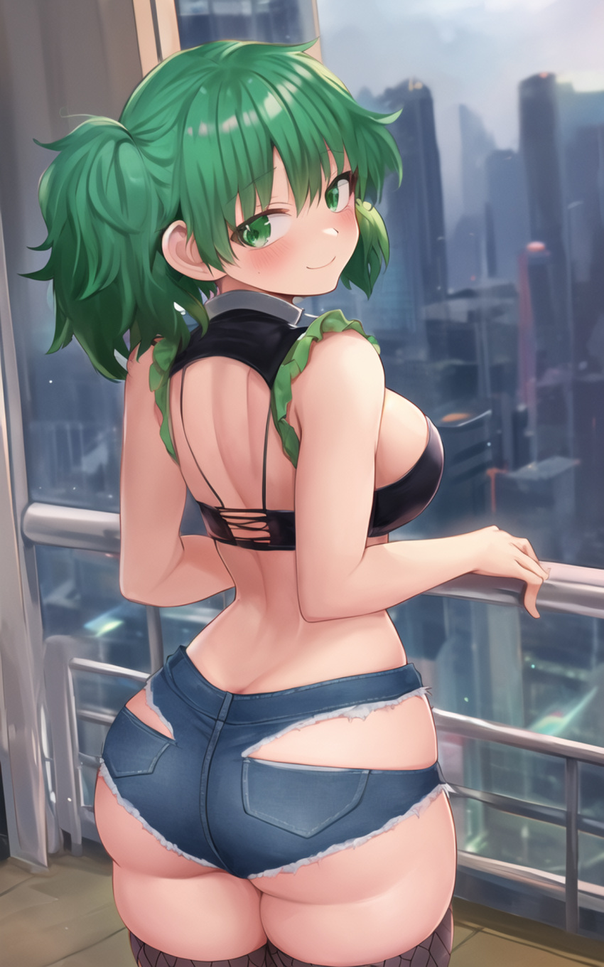 2023 ai_generated ass ass_visible_through_thighs big_ass big_breasts big_butt female female_deku green_eyes green_hair izuku_midoriya looking_at_viewer looking_back looking_pleasured merukuma my_hero_academia ripped_clothing ripped_pants round_ass round_butt rule_63 short_shorts shorts stable_diffusion