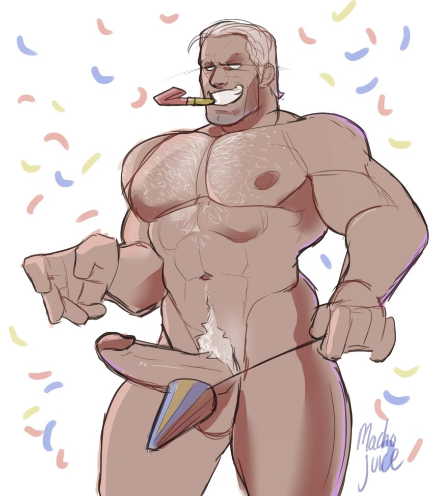 balls bara big_balls big_penis blank_eyes boner capcom chest_hair erection gay hairy m_bison machojuice male male_only muscles muscular party_hat penis solo solo_male street_fighter white_hair