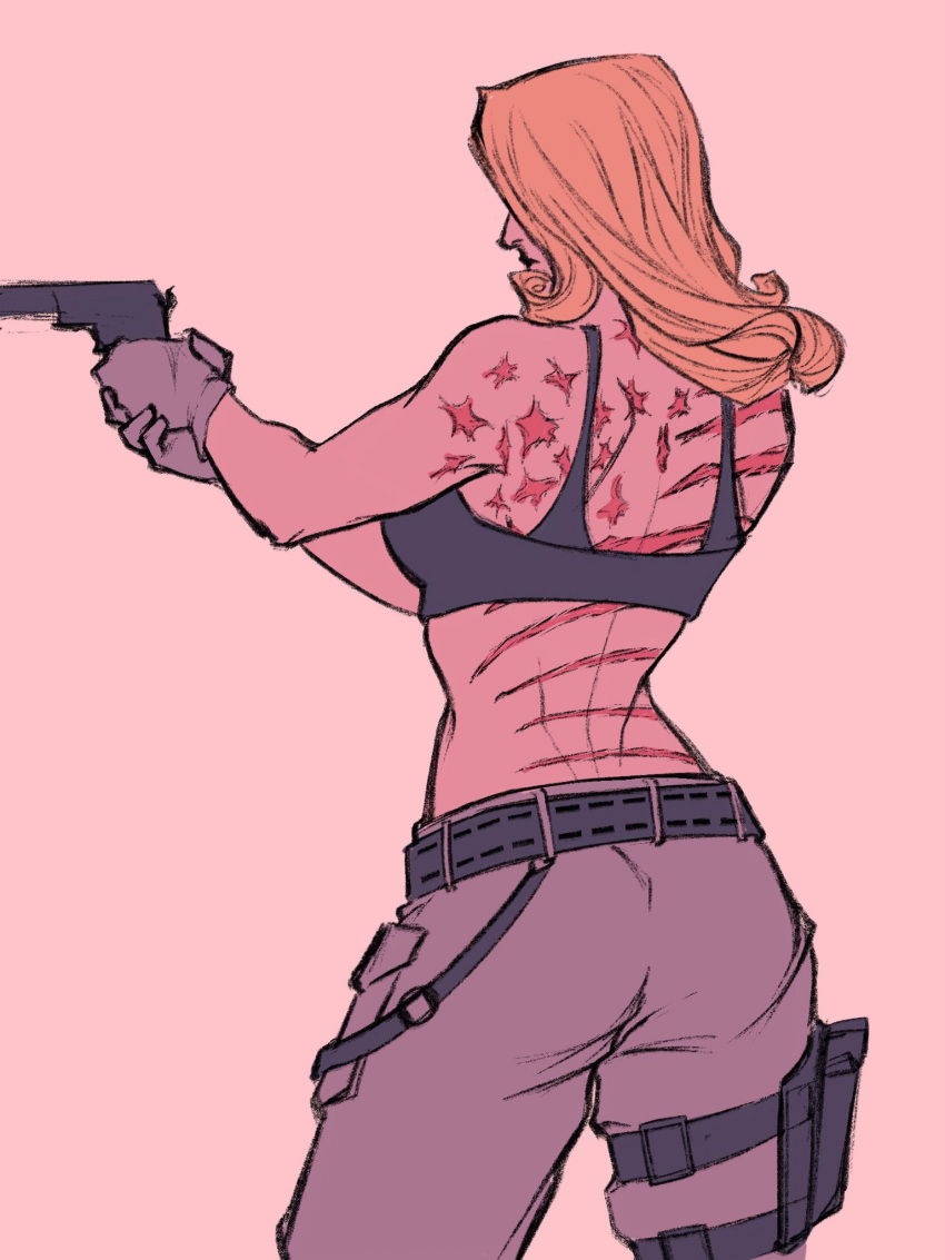 1girls back_scar back_view blonde_hair cargo_pants cargo_shorts clothed clothed_female clothing female female_focus female_only fully_clothed funny_valentine gun jojo's_bizarre_adventure rule_63 run scar solo solo_female sports_bra sssssss20350078 steel_ball_run