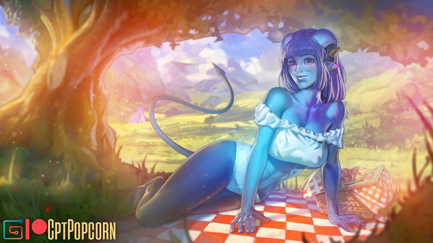 1girls barefoot big_breasts blue_hair blue_skin cleric cptpopcorn critical_role critical_role:_the_mighty_nein demon drooling dungeons_and_dragons female freckles freckles_on_breasts freckles_on_face hands_behind_back hands_tied happy_sub heart heart-shaped_pupils horns humanoid jester_lavorre picnic picnic_basket picnic_blanket pointy_ears red_eyes saliva smile solo_female tagme tail tiefling underwear underwear_only