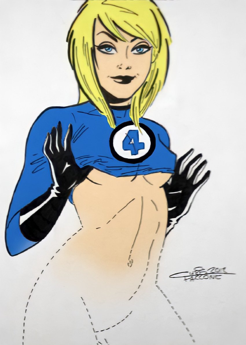 1girls 2012 belly belly_button blonde_hair blue_clothing blue_eyes bottomless bottomless_female chris_faccone edit edited fantastic_four female female_only invisible_woman lifting_clothing lifting_shirt long_hair marvel partially_transparent recolor removing_clothing sketch small_breasts solo sue_storm superheroine top_lift underboob