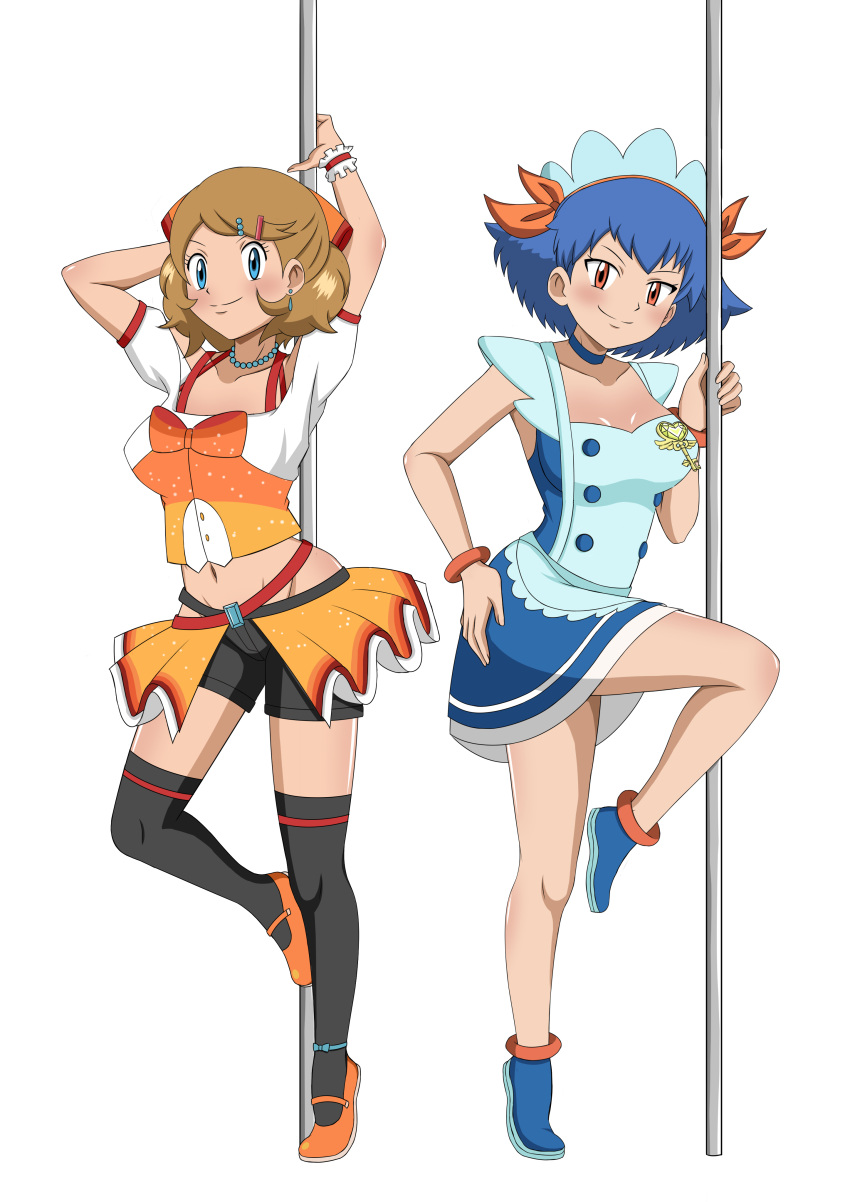 2girls alternate_costume blonde_hair blue_hair clothed clothing contest_dress female female_only ghta miette_(pokemon) multiple_girls official_alternate_costume pokemon pokemon_(anime) serena_(pokemon) showcase_outfit smile stripper stripper_pole