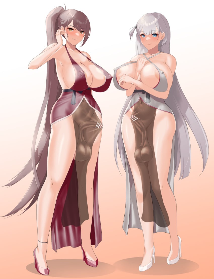 2futas areolae azur_lane balls big_balls big_breasts breasts bulge censored clothed clothing duo erection fujidmc12 futa_only futanari huge_breasts human light-skinned_futanari light_skin long_hair medium_penis mostly_clothed nipples oversized_balls penis penis_under_clothes penis_under_loincloth see-through shoukaku_(azur_lane) standing tenting testicles zuikaku_(azur_lane)