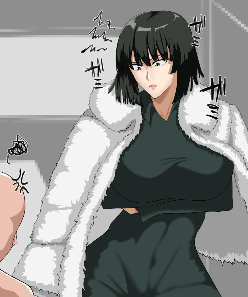 1boy 1boy1girl 1girls absurd_res bangs belly belly_button big_breasts bob_cut breasts busty clothed clothing coat crossed_arms curvaceous curvy curvy_body curvy_female curvy_figure dark_green_hair dress female female_focus fringe front_view fubuki_(one-punch_man) fur_coat green_eyes green_hair highres hips hourglass_figure large_breasts light-skinned_female light-skinned_male light_skin lips lipstick male male/female medium_hair midriff navel one-punch_man ryochan0611 short_hair slim slim_waist stomach thick thin_waist unseen_male_face voluptuous waist wide_hips