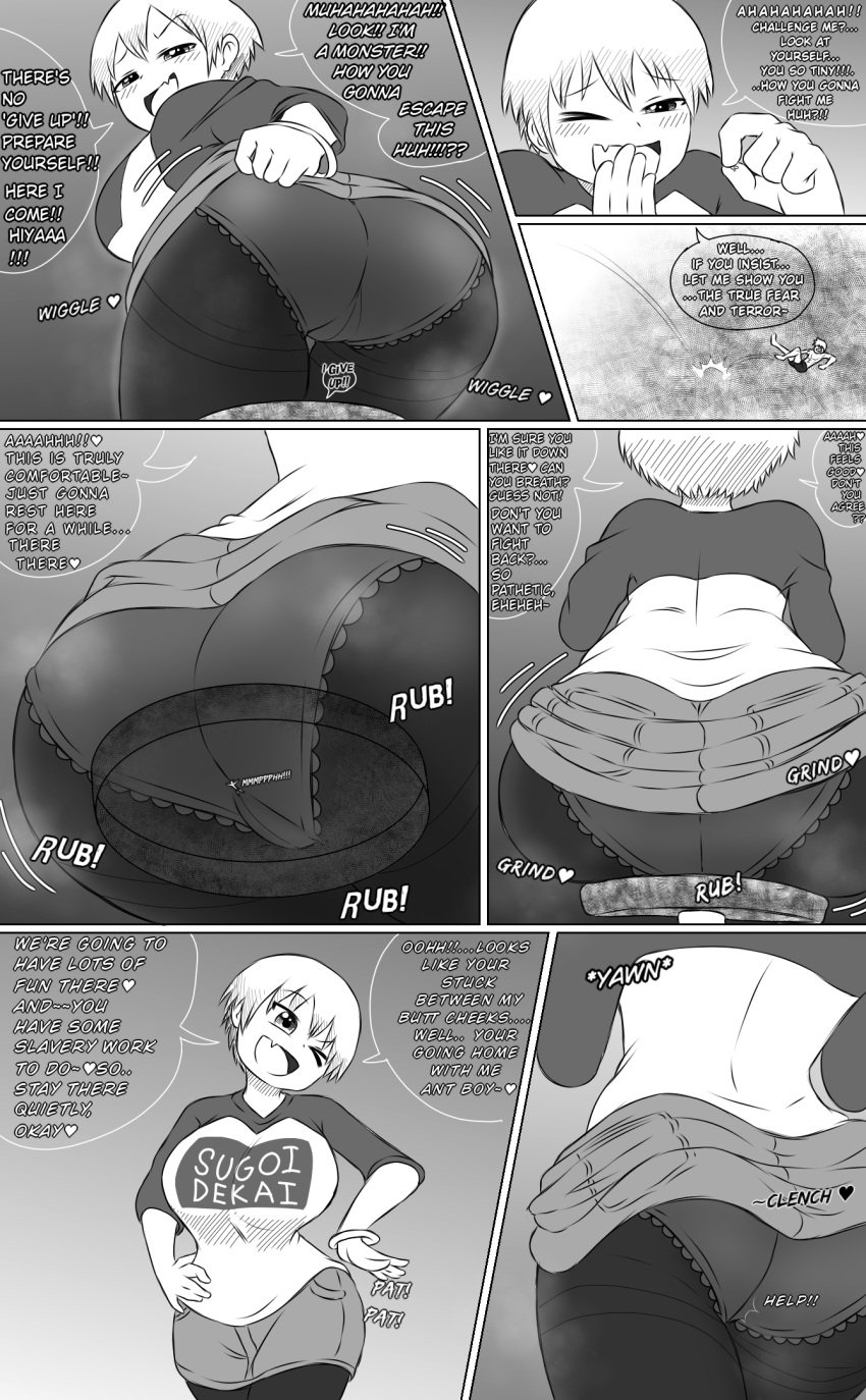 ass black_and_white blush butt_crush comic femdom giantess gtstamago humiliation micro micro_male minigirl panties panties_under_pantyhose short_hair size_difference tagme teasing text uzaki-chan_wa_asobitai! uzaki_hana