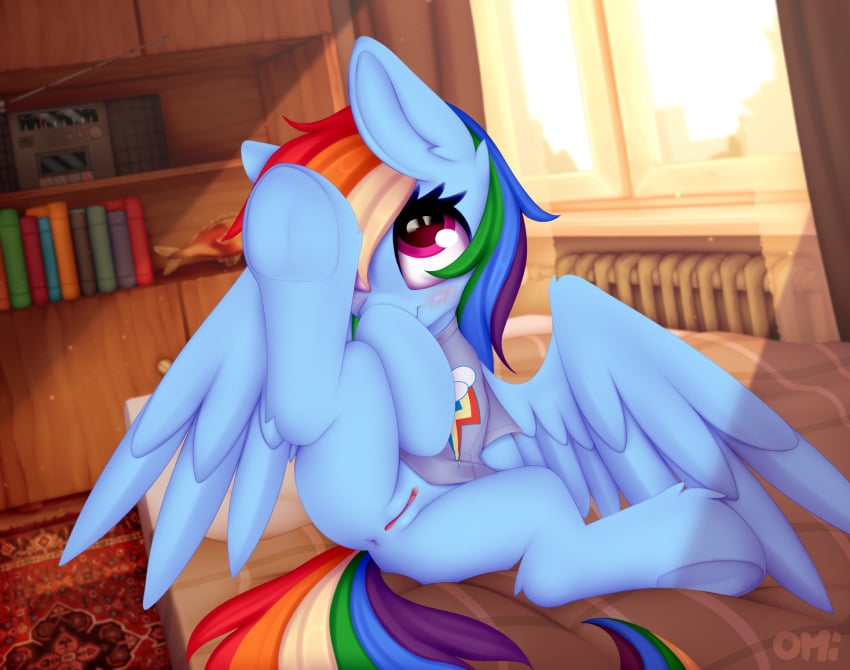 2022 anus ass blue_body blue_feathers blush bottomless clothed clothing equid equine feathered_wings feathers female feral friendship_is_magic genitals hair hasbro hooves mammal multicolored_hair my_little_pony omiart pegasus pink_eyes pussy rainbow_dash_(mlp) rainbow_hair signature smile solo wings