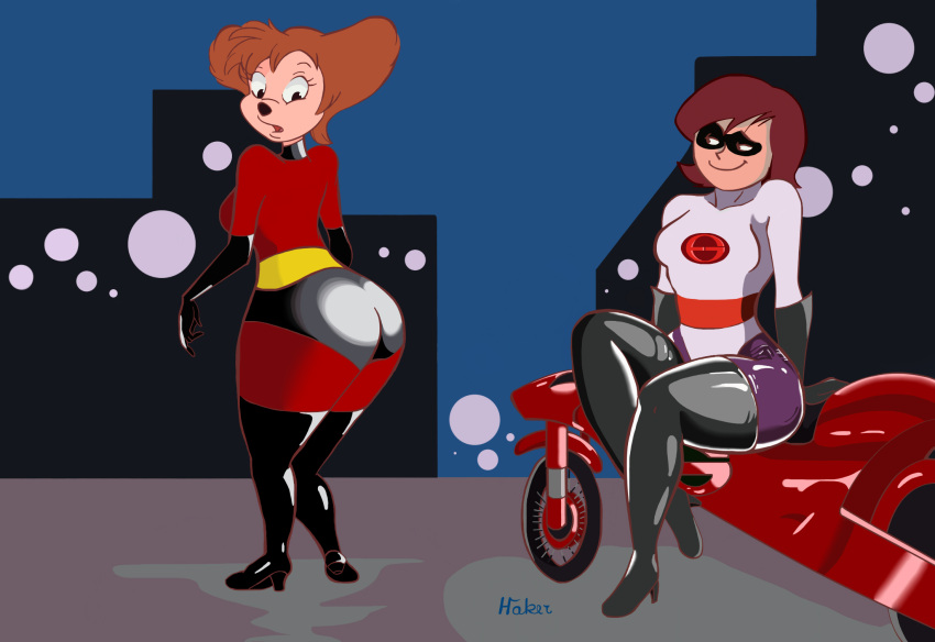 2girls adjusting_clothes adjusting_swimsuit alternate_costume alternative_costume ass belly big_ass big_belly big_butt bikini bimbo black_panties boots breasts brown_hair busty cartoony clothing cosplay crossover curvy cute disney disney_channel elastigirl elastigirl_(cosplay) elastigirl_(the_incredibles_2_supersuit) female goof_troop happy_female helen_parr huge_breasts hugotaker large_ass large_breasts latex massive_ass massive_butt mature_female milf mommy mother motorcycle one-piece_swimsuit panties peg_pete pixar red_body shiny_skin short_hair smooth_skin superheroine surprised the_incredibles the_incredibles_2 thighhighs thighs toony