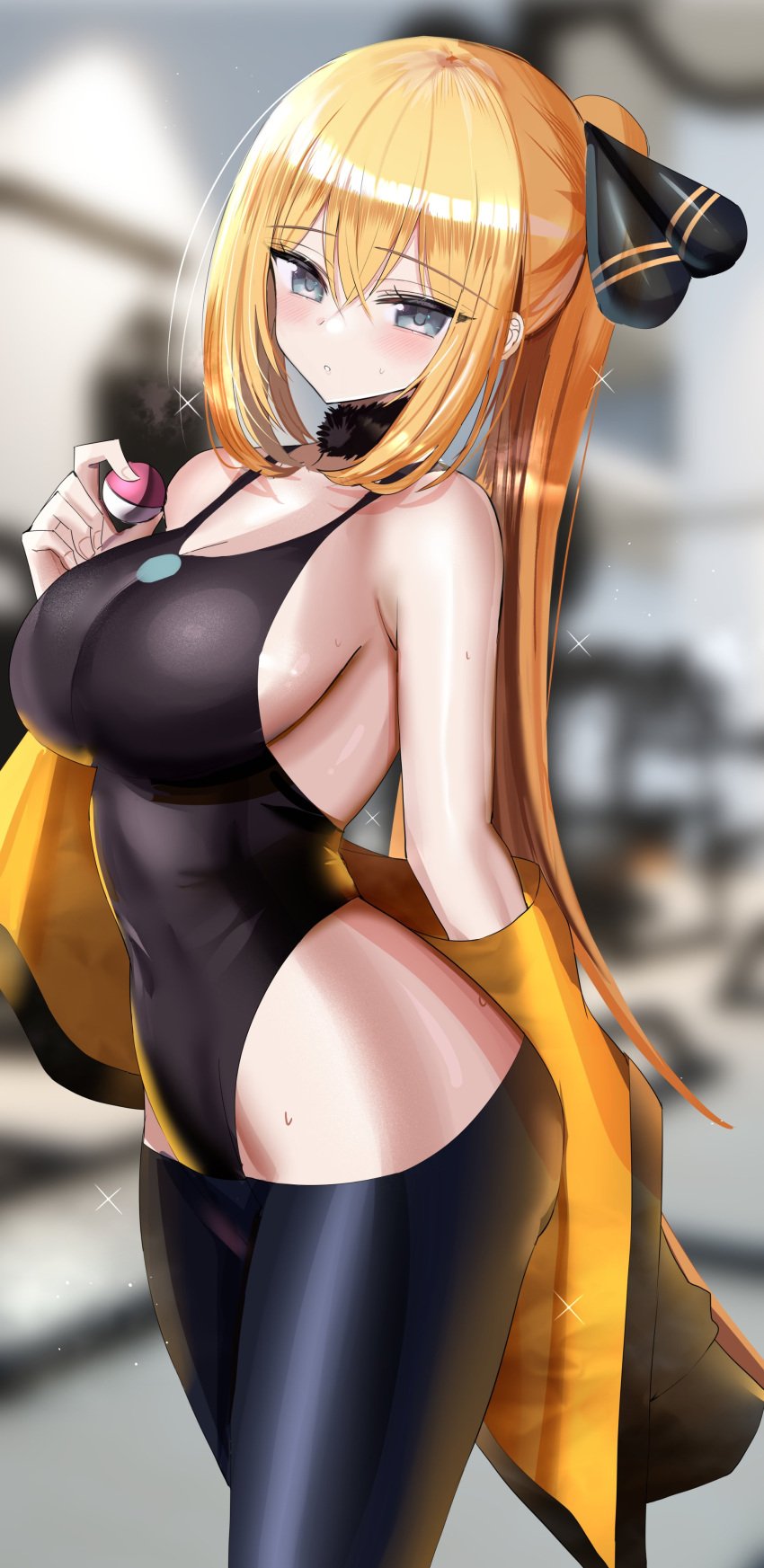 1girls 2022 blonde_hair breasts clothed clothed_female cynthia_(pokemon) female hair_ornament hanasaka_houcha hips holding_object huge_breasts light-skinned_female light_skin long_hair long_ponytail nintendo pokeball pokemon pokemon_dppt ponytail slim_waist thick_thighs thighs wide_hips