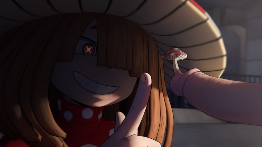 1boy bangs blunt_bangs blunt_ends blurry blurry_background brown_eyes brown_hair clenched_teeth close-up dress female fumikage_tokoyami greatm8 grin hair_over_one_eye hand_up hat highres komori_kinoko long_sleeves mushroom mushroom_hat my_hero_academia penis photoshop_(medium) pointing pointing_up polka_dot polka_dot_dress sidelighting smile source_filmmaker_(medium) symbol-shaped_pupils teeth x-shaped_pupils