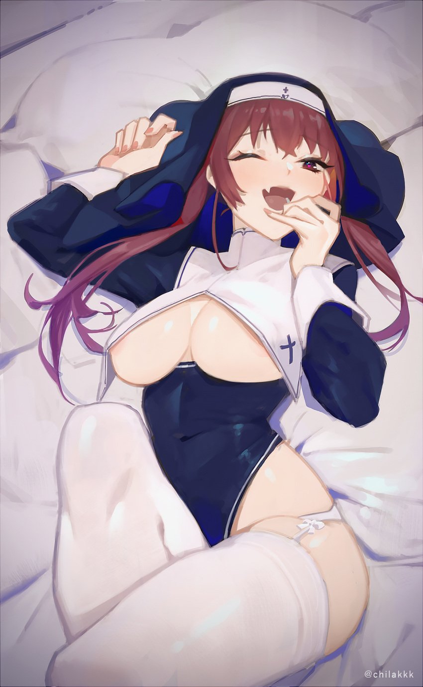 :d ;d areola_slip bed_sheet blue_leotard breast_curtains breasts chilakkk female garter_belt habit highres hololive hololive_fantasy hololive_japan houshou_marine knee_up leotard long_hair long_sleeves looking_at_viewer lying nun oerba_yun_fang on_back one_eye_closed open_mouth red_eyes red_hair shrug_(clothing) skin_fang skin_tight smile solo thighhighs underboob underbust virtual_youtuber white_garter_belt white_thighhighs