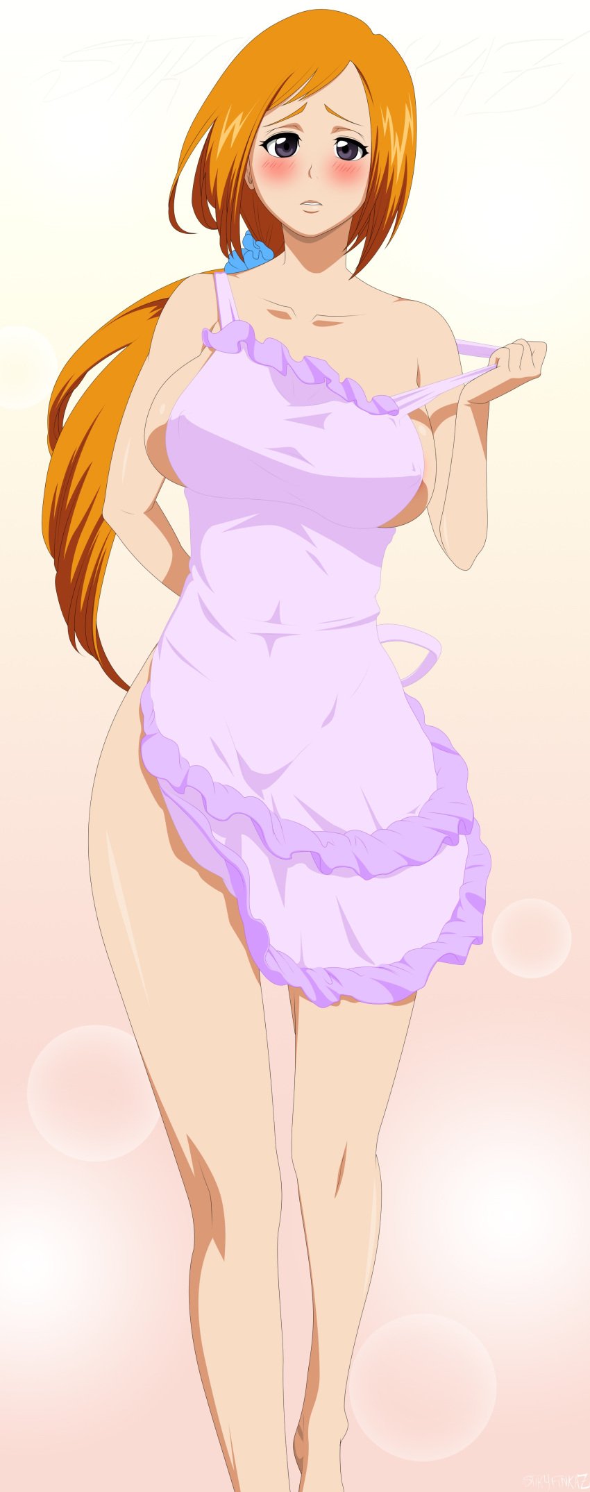 1girls absurdres almost_naked apron apron_only barefoot barely_clothed bleach blush curvaceous curvy curvy_body curvy_female curvy_figure embarrassed full_body highres housewife inoue_orihime married_woman mature mature_female mature_woman milf mostly_nude mother naked_apron nude off_shoulder orange_hair purple_eyes smile stiky_finkaz strap_pull strap_slip taking_clothes_off third-party_edit undressing voluptuous walking walking_towards_viewer wife