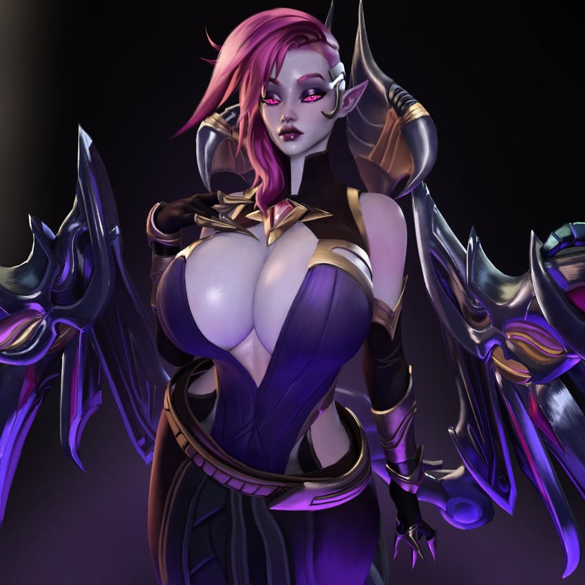 1girls alien alien_girl alternate_costume big_breasts blade_mistress_morgana breasts cleavage duplicate female female_only large_breasts league_of_legends lipstick looking_at_viewer morgana pale-skinned_female popogori purple_eyes science_fiction solo steel_valkyries_series