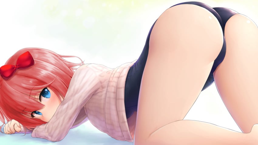 1girls 5_fingers ass bare_thighs blank_background blue_eyes blush blushing blushing_at_viewer bow doki_doki_literature_club edit edited editfag eyebrows eyebrows_visible_through_hair face_down_ass_up female female_focus female_only hairbow human human_only looking_at_viewer one_piece_swimsuit pink_hair plain_background red_bow red_hair_bow red_hairbow sayori_(doki_doki_literature_club) swimsuit