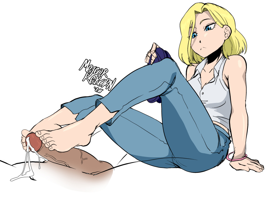 1boy 2020 :< absurdres android_18 arm_support bare_shoulders barefoot blonde_hair blue_eyes bracelet closed_mouth collarbone collared_shirt cum denim dragon_ball dragon_ball_z eyelashes feet female foot_fetish foot_focus footjob fully_clothed highres jeans jewelry knees_up meteorreb0rn pants penis shiny shiny_skin shirt short_hair sitting toenails toes veins veiny_penis white_background