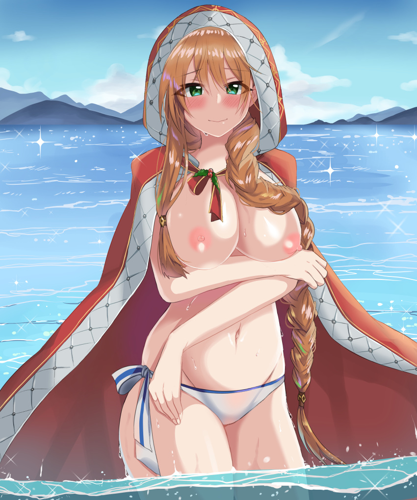 bare_breasts bikini blush christmas girls'_frontline green_eyes orange_hair springfield_(girls'_frontline) takanaru