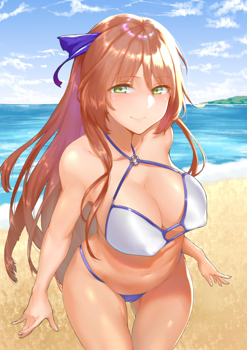 beach bikini brown_hair c.rabbit girls'_frontline green_eyes looking_at_viewer smile smiling springfield_(girls'_frontline)