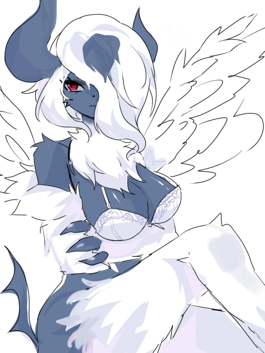 absol angel_wings anthro arms_crossed female female_only furry game_freak grey_skin horn legs_crossed lingerie nintendo pokémon_(species) pokemon pokemon_(species) pokemon_rse red_eyes sami sharp_claws single_horn sitting tail unamused white_fur wings yaonga797