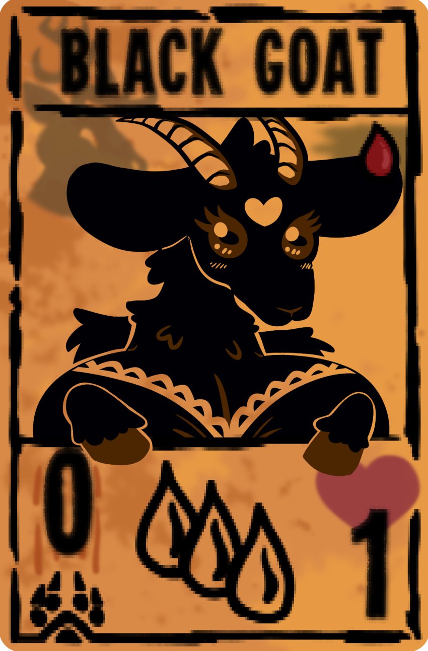 anthro black_body black_fur black_goat_(inscryption) blood blush bodily_fluids bovid bratcatt caprine card clothed clothing female fur goat heart hi_res horn inscryption mammal solo