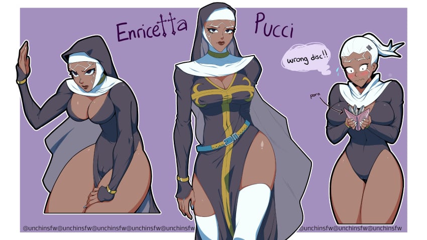 1girls breasts cameltoe cleavage dark-skinned_female dark_skin disc enrico_pucci female female_only human jojo's_bizarre_adventure nun rule_63 shounen_jump solo stone_ocean unchinsfw villainess white_hair