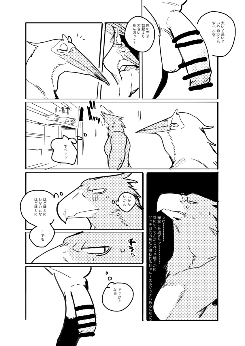 accipitrid accipitriform age_difference anthro avian balls beak bebebebebe belly big_penis bird blush bodily_fluids censor_bar censored_penis closed_eyes comic dialogue duo eagle flaccid genitals greyscale hi_res humanoid_genitalia humanoid_penis japanese_text looking_at_genitalia looking_at_penis looking_away male male/male male_only monochrome muscular muscular_male nude older_male pelecaniform pelican penis simple_background sweat text translation_request younger_male