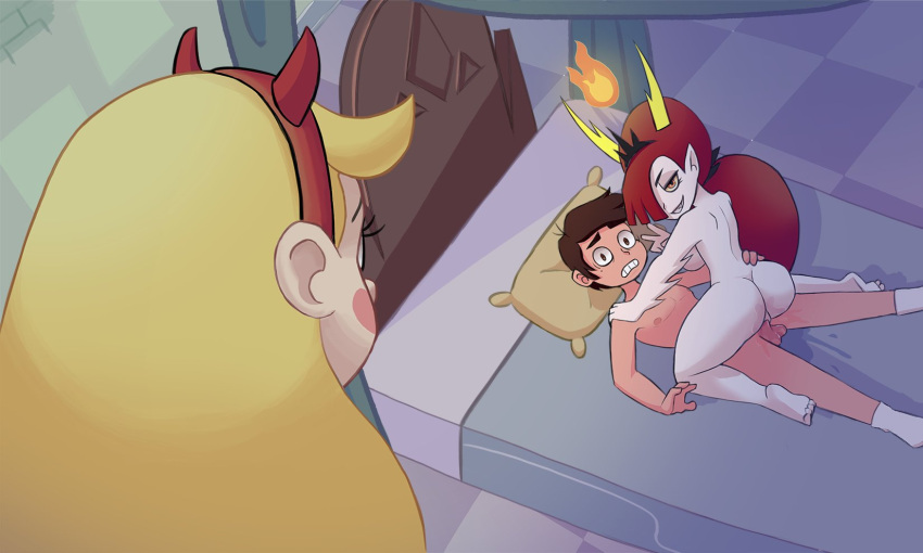 1boy 2girls bed blonde_hair disney disney_channel disney_xd hekapoo horns marco_diaz pale_skin penis pussy siphoncy star_butterfly star_vs_the_forces_of_evil straight testicles walked_in_on