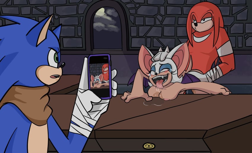 1girls 2boys blue_fur blush furry green_eyes knuckles_the_echidna open_mouth recording red_fur rouge_the_bat saliva sega sex sharp_teeth siphoncy smartphone sonic_(series) sonic_boom sonic_the_hedgehog tears