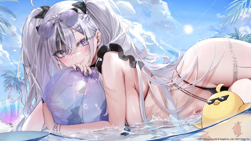 azur_lane bangs bare_arms bare_legs bare_midriff bare_shoulders beach_ball belly_button bikini black_bikini blue_eyes bracelet bracelets braid breasts clouds ear_piercing elbe_(azur_lane) eyebrows_visible_through_hair eyelashes female female_focus female_only frills hair_ornament hair_ribbon hairclip highleg_bikini in_water iron_blood_(azur_lane) large_breasts long_fingernails long_hair looking_at_viewer manjuu_(azur_lane) midriff nail_polish navel nekometaru on_side sideboob sky sparkles sun sunglasses sunglasses_on_head sunlight tagme thick_thighs thigh_strap thighs twintails water wet white_hair