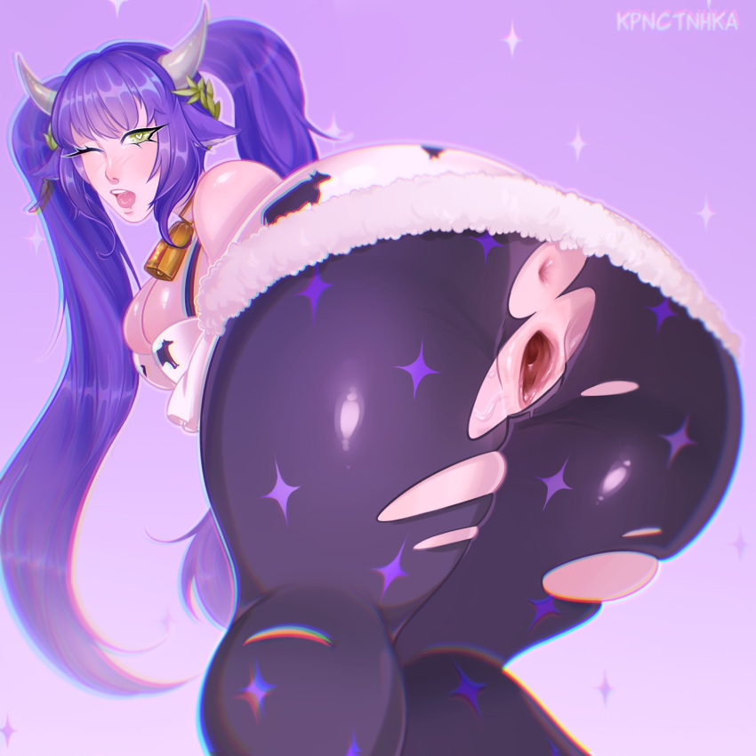 ;o ass_focus bending_over cow_girl cow_print gaping green_eyes kpnctnhka purple_hair ripped_clothing romolla torn_pantyhose twintails virtual_youtuber vtuber