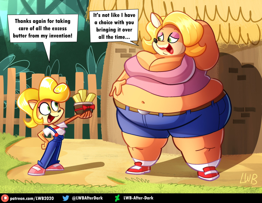 activision anthro bandicoot belly coco_bandicoot crash_(series) duo exotic_butters female female/female fur hi_res lolwutburger lwbafterdark mammal marsupial navel overweight tawna_bandicoot text video_games weight_gain what