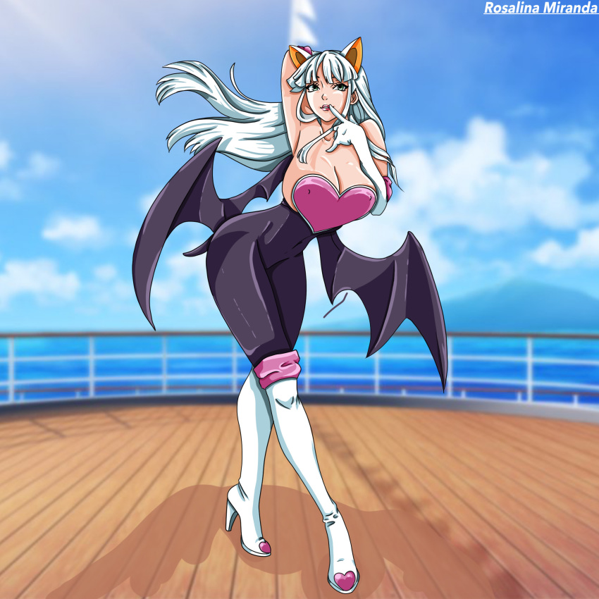 bat_ears bat_wings capcom clothing cosplay crossover_cosplay darkstalkers green_eyes huge_breasts large_breasts long_hair morrigan_aensland mshowllet rouge_the_bat_(cosplay) sega sonic_(series) sonic_the_hedgehog_(series) succubus white_hair