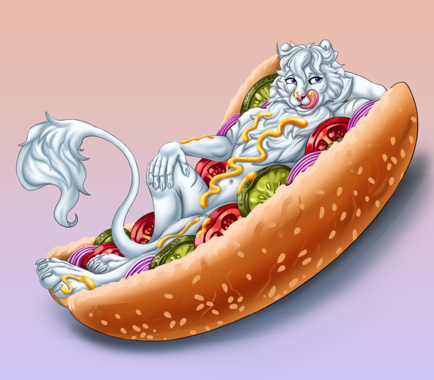 absurd_res ambiguous_gender cooking_with_furs felid food food_fetish food_play fur hi_res hot_dog hybrid liger lion mammal mane pantherine seductive stripes tass_(tassy) white_body white_fur yellow_body yellow_fur