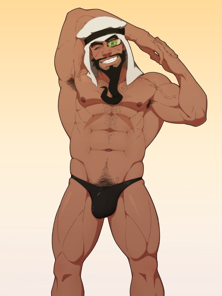 balls bara beard bulge capcom chest_hair facial_hair gay male male_only muscles muscular one_eye_closed penis rashid smith_(ardp13) smithswhc solo solo_male street_fighter thong underwear